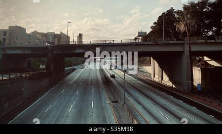 LOS ANGELES, CA, APR 2020: view of CA-101 freeway in Downtown, near China Town. Sparse traffic during coronavirus pandemic Stock Photo