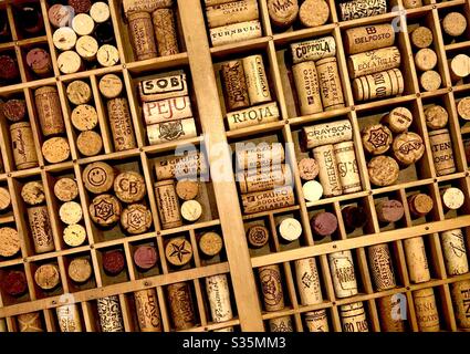 Collage of various wine corks in a printers type tray. Stock Photo