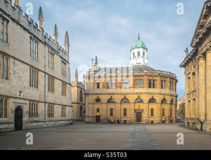 The Sheldonian Theatre, designed by Christopher Wren, at Oxford University, deserted during the Coronavirus / Covid-19 lockdown. The Bodleian Library and Clarendon Building are also shown. Stock Photo