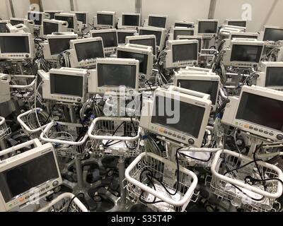 Patient vital signs monitors waiting to be installed at Nightingale Hospital London Stock Photo