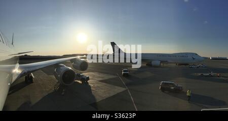 Cathay Pacific Boeing 747-800 Cargo aircraft on the ramp in Anchorage, Alaska. Stock Photo