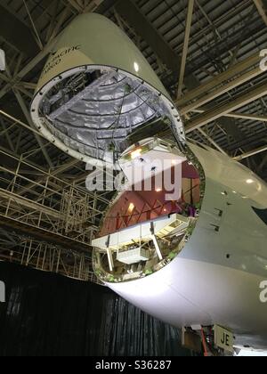 Cathay Pacific Boeing 747-800 with nose door open. Stock Photo