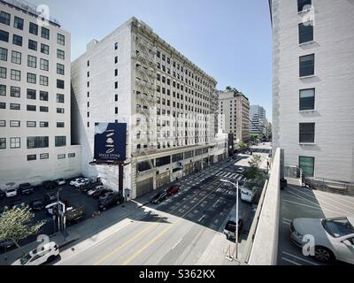 LOS ANGELES, CA, APR 2020: wide view of Hotel Clark on Hill St, in Downtown. Redesigned interior with historic facade, the building has undergone substantial renovation and is waiting to re-open. Stock Photo
