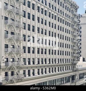 LOS ANGELES, CA, APR 2020: view of Hotel Clark, in Downtown. Redesigned interior with historic facade, the building has undergone substantial renovation and is waiting to re-open. Stock Photo