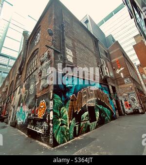 Stencil art graffiti/mural art in the iconic AC/DC Lane in Melbourne, Australia Stock Photo