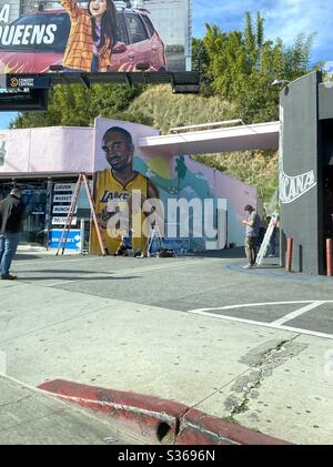 West Hollywood Sunset Strip Los Angeles, California January 29,2020. Street artist painting a mural to honor the death of pro basketball star, Kobe Bryant’s death of January 26, 2020.