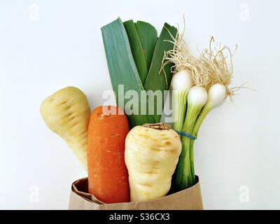 Fresh farmer’s market produce in a brown paper bag isolated against a white background. Leek, spring onions, carrots, parsnips. Organic vegetables. Stock Photo