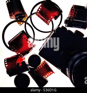 Analogue film camera and film and filters. Stock Photo