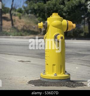 Close up on yellow fire hydrant with soft focus street and bushes in background Stock Photo