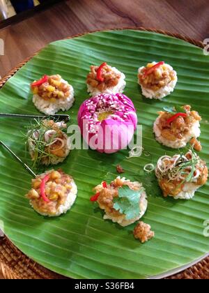 Crispy Rice Cake with Pork & Shrimp Dipping.(Khao Tung Na Tang), Thai Appetizer Stock Photo