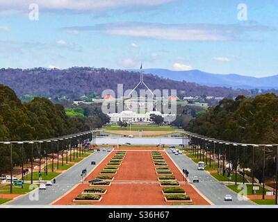 Anzac Parade in Canberra Australia looking into the Old and New Parliament Houses Stock Photo