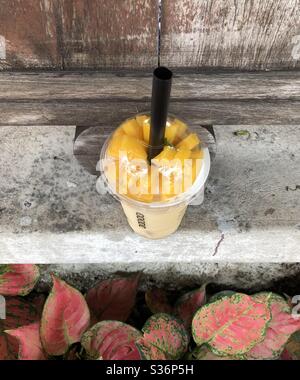 Mango Smoothies, fresh mango with sweet and sour. Put on side wall  nearby red plants Stock Photo