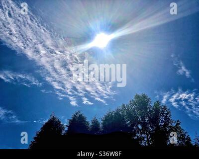Blue sky, clouds and sun’s rays above the treetops.