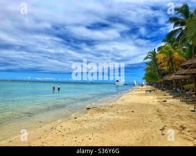 Island of Mauritius in the Indian Ocean. Aerial view of resort hotels ...