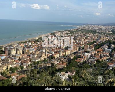Panoramic view over Grottammare and San Benedetto del Tronto front of the Adriatic sea, Italy Stock Photo