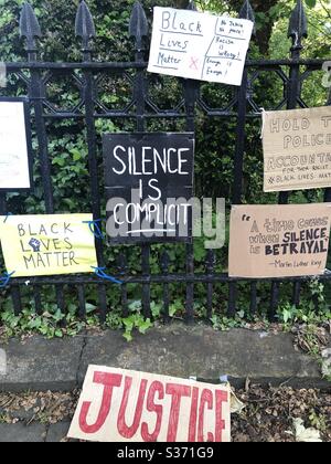 Black Lives Matter protest banners and placards outside the US Embassy in Edinburgh, Scotland Stock Photo