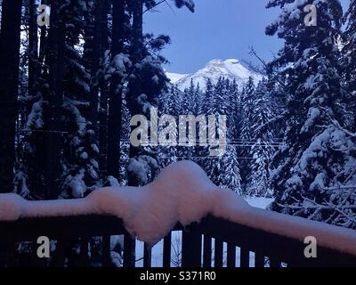 Snow collected on a porch railing in Canmore Canada December 2020 Stock Photo