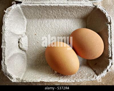 Closeup view of free range organic farm eggs in a traditional recyclable cardboard carton. Egg box details. Two eggs in a tray on the kitchen counter. Flat lay from above looking down Stock Photo
