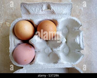 Closeup view of free range organic farm eggs in a traditional recyclable cardboard carton. Egg box details. Three eggs in a tray on the kitchen counter seen from above, flat lay. Stock Photo