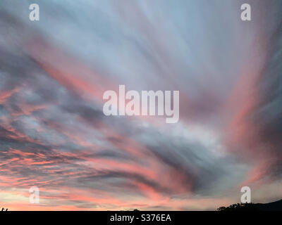 Like glowing pink veins, sunlight reflecting Swirling pink and orange through the grey clouds against the pale blue sky of winter sunset Stock Photo