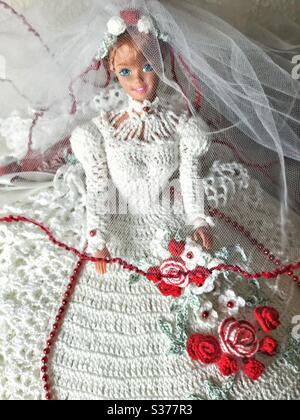 Barbie doll in elaborate crocheted wedding outfit with veil Stock Photo -  Alamy