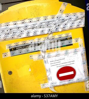 French postbox sealed after being damaged by protestors, Tours, France. Stock Photo