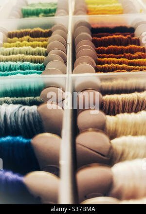 Closeup of embroidery threads on cardboard bobbins organised in a box Stock Photo