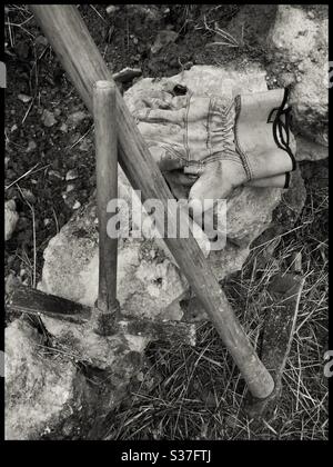 Drystone wall repairs, Catalonia, Spain. Stock Photo