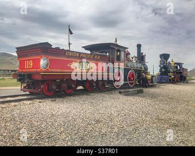 Steam train engines at the Golden Spike, National Historic Monument, Promontory Summit, Utah Stock Photo