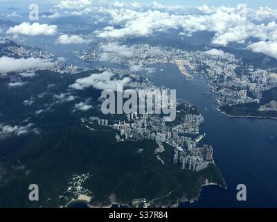 Aerial Image of Hong Kong Island, Kowloon and the old Kai Tak Airport. Stock Photo