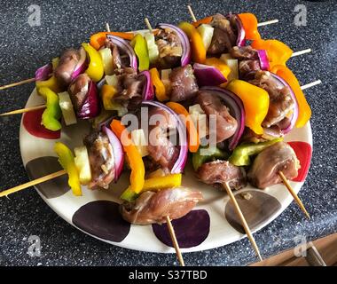 Pork, Ginger and Pineapple Kebab Skewers on a plate ready to be cooked Stock Photo