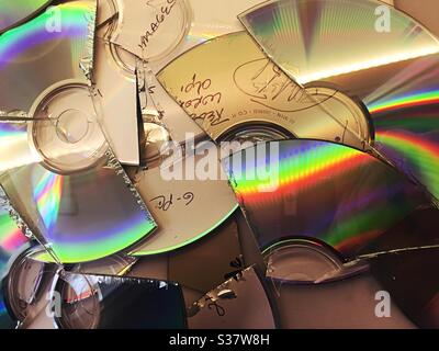 Close up of a group of CDs that have been chopped into pieces Stock Photo
