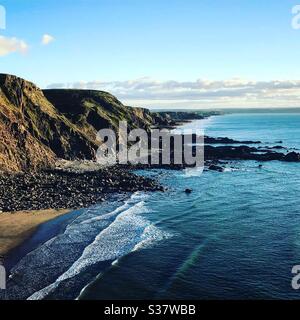 Looking west of Cornwall from the north coast at Duckpool all the way to Millook Haven. Stock Photo