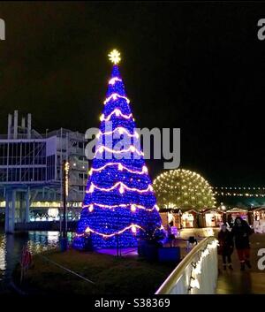 View of Ontario Place and Cinesphere during Aurora Winter Festival. Toronto Stock Photo
