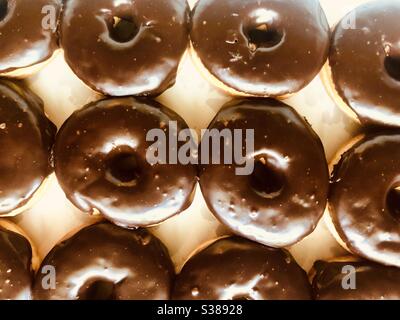 Top view of a full frame of chocolate covered donuts in a white box Stock Photo