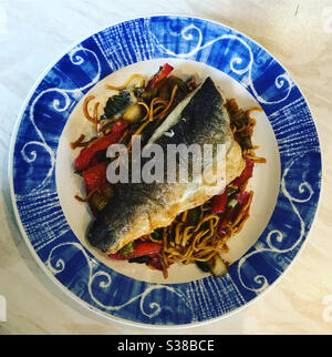 Noodles with red pepper and sea bass. A Hello Fresh meal. July 2020. Stock Photo