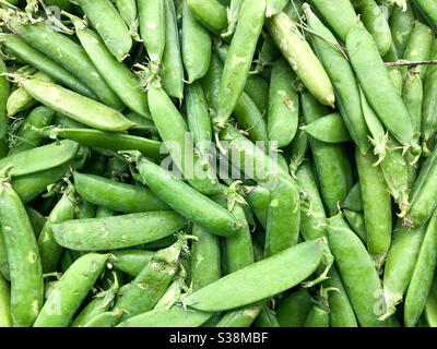 Fresh peas in pods on sale in a shop. Stock Photo