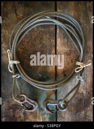 Steel cable tow rope with eyelets, Catalonia, Spain. Stock Photo