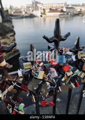 Love locks in Prague, Czech Republic Stock Photo