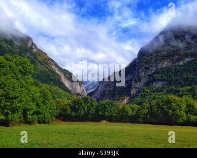 Aspe Valley landscape, Urdos, Pyrenees Atlantiques, France Stock Photo