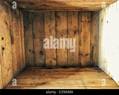 Interior of large wooden box or crate, empty Stock Photo