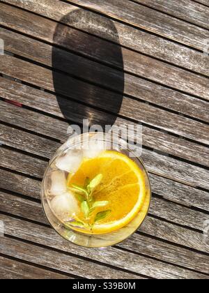 Gin & tonic drink with a slice of orange and sprig of oregano Stock Photo