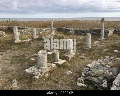 Ancient columns at the site of the Greek and Roman settlement at Histria in Dobrogea Romania Stock Photo