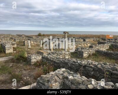 Columns and wall among the ruins of the Ancient Greek and Roman Black Sea port Histria Stock Photo