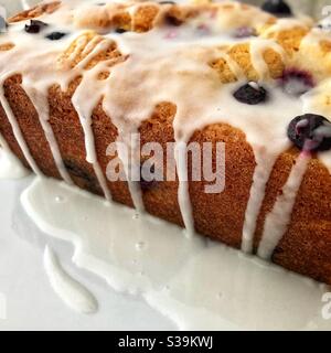 Closeup of a blueberry and lemon drizzle cake. Stock Photo