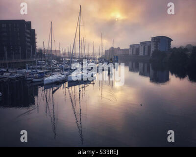 Sunrise over Penarth Marina on the River Ely, Cardiff, September. Stock Photo