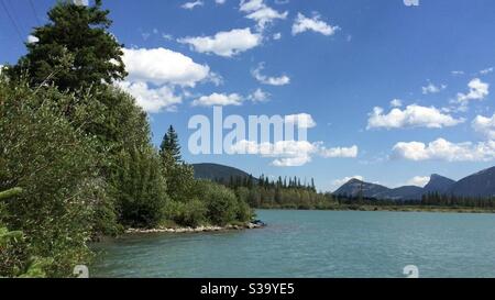Travelling Alberta, Gap Lake, Canadian Rockies, Kananaskis Country, scenic, Bow Valley Provincial Park, tourism, landscape, Lakes, mountains Stock Photo