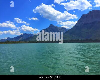 Travelling Alberta, Gap Lake, Canadian Rockies, Kananaskis Country, scenic, Bow Valley Provincial Park, tourism, landscape, Lakes, mountains Stock Photo