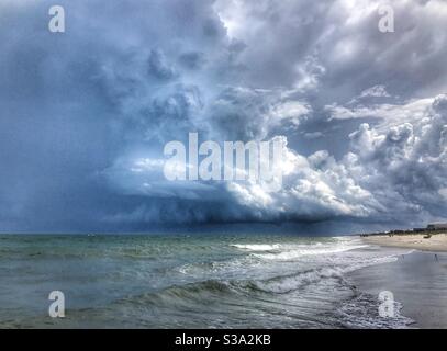 Summer thunderstorm rolling out over the beach and ocean, Jacksonville Beach, Florida Stock Photo