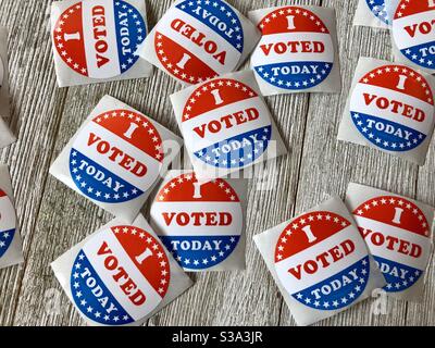 I voted stickers on a wooden surface Stock Photo